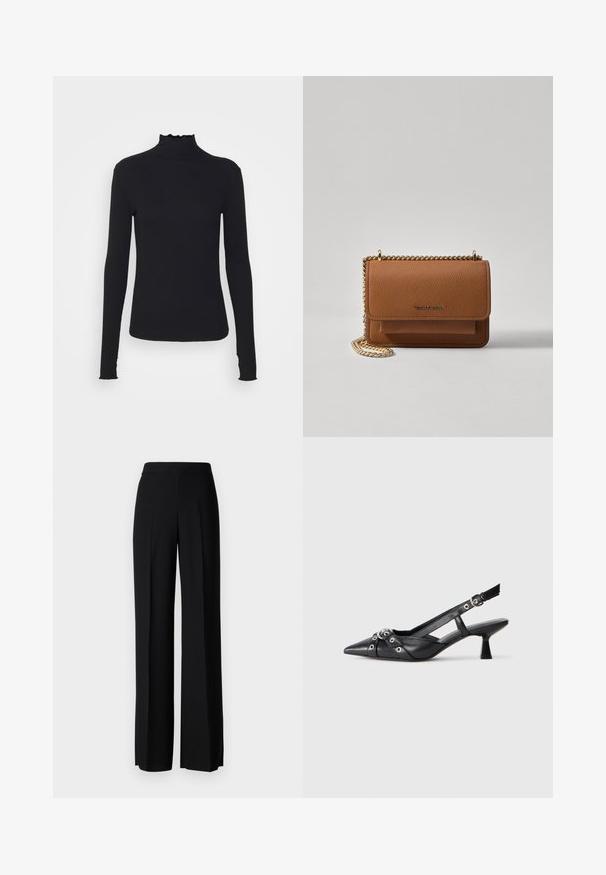 Svart långärmad polotröja i mjukt tyg, med en volangkrage och en figurnära silhuett med enkla kanter.; Svarta vida byxor med en slät textur, med hög midja och centrala veck. Inga synliga mönster eller hårdvarudetaljer.; Svart lädersko med slingback-design, spetsig tå, dekorativa remmar med metallöglor och en låg klack. Texturerad yta.; Brun texturerad läder crossbody-väska med guldkedja och klaffstängning. Framsidan har logotypdetalj och en ficka under klaffen.