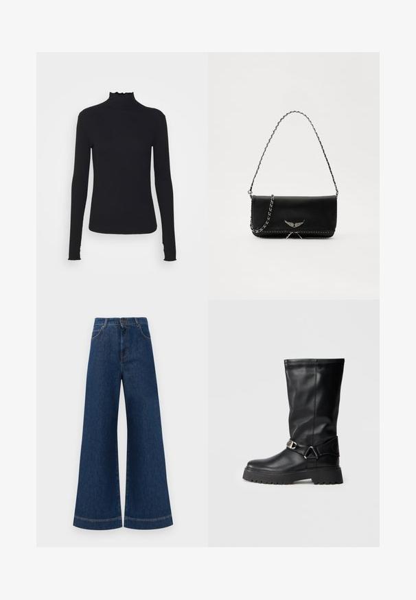 Must kannus varrukatega turtleneck, mis on valmistatud siledast kangast, koos rippuvate kraede ja liibuva siluetiga, millel on lihtsad servad.; Laia siniste denim pükste suur jalg, kõrge vöökoht, nupuga kinnitamine, vöökohad ja peened õmblusdetailid taskute ja äärte ääres.; Mustad kuni põlvedeni saapad, mis on valmistatud siledast nahast, külgedel on pealmise aktsendina pandla ning paksem, tekstuuriga talla osa, mis tagab haarde.; Mustvalge nahk käekott hõbedase ahelsanga ja dekoratiivsete tiivaaktsentidega, samuti valgete õmblustega alumises ühenduses.