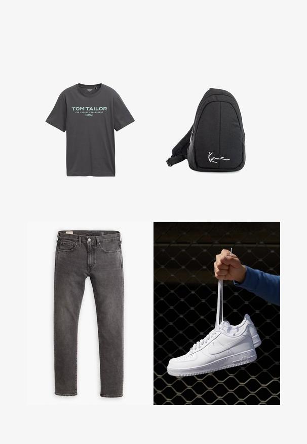Tmavošedé bavlnené tričko s krátkymi rukávmi, okrúhlym výstrihom a tyrkysovým potlačeným textom, vrátane "TOM TAILOR" a "THE CASUAL DEPARTMENT."; Šedé denímové nohavice so strižením v rovnom strihu, dizajnom s piatimi vreckami a gombíkovým zapínaním. Obsahujú jemné blednutie a tónovité šitie po celom obvode.; Biele kožené tenisky s perforáciami, okrúhlou špičkou, plochou podrážkou a hrubými šnúrkami, pričom majú viditeľné logo swoosh a nápis "AIR" na päte.; Čierny látkový vakuový batoh s hladkou textúrou, ktorý má zakrivený dizajn, zipsovú priehradku a biele logo vpredu.