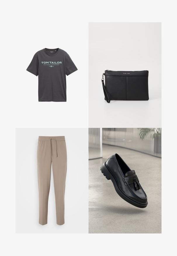 Czarna szara bawełniana koszulka z krótkim rękawem, okrągłym dekoltem oraz niebieskim nadrukiem z napisem "TOM TAILOR" i "THE CASUAL DEPARTMENT."; Jasno beżowe spodnie z elastycznym pasem, regulowanym sznurkiem i zwężanymi nogawkami. Materiał wydaje się gładki z delikatnym połyskiem.; Czarne skórzane mokasyny o gładkim wykończeniu, z dekoracyjnym chwostem, grubą gumową podeszwą i przeszyciami. Lekka i elegancka konstrukcja.; Czarna syntetyczna kopertówka z zamkiem błyskawicznym, paskiem na nadgarstek i gładką teksturą. Posiada subtelne szwy oraz wytłoczone logo z przodu.