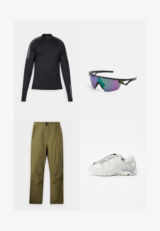 Melna garām piedurknēm sporta krekls ar ceturtdaļas rāvējslēdzēju un pelēkiem plecu akcentiem. Uz kreisās piedurknes ir "PeakPerformance" teksts.; Olīvzaļi taisni bikses ar elastīgu jostu un auklu, ar sānu kabatām un vāciņkabatu labajā augšstilbā.; Baltijas sporta apavi ar teksturētu sieta augšdaļu, atstarojošiem akcentiem un mīkstu zoli. Iekļauj elastīgas šņorītes un pelēkus akcentus.; Sporta saulesbrilles ar melnu rāmi, lielu gradientu lēcu, kurā ir purpura un zaļas nokrāsas, kā arī leņķainas formas akcenti ar logotipa detaļu.