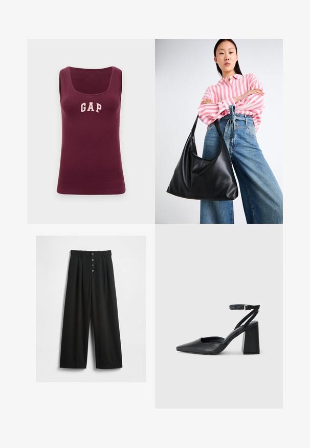 Top de alças cor borgonha com um design ajustado, textura canelada e um logotipo rosa "GAP" na parte da frente, apresentando um decote arredondado e sem mangas.; Calças largas pretas feitas de um tecido texturizado. Apresenta uma cintura alta, fecho frontal com cinco botões e pregas vincadas para um detalhe adicional.; Sandal com biqueira afilada em couro preto, com cinta no tornozelo e salto grosso. Textura lisa, design elegante e estética minimalista.; Bolsa de ombro em couro preto com uma forma descontraída e detalhes costurados. O modelo usa uma camisa listrada em rosa e branco com jeans de perna larga azul.