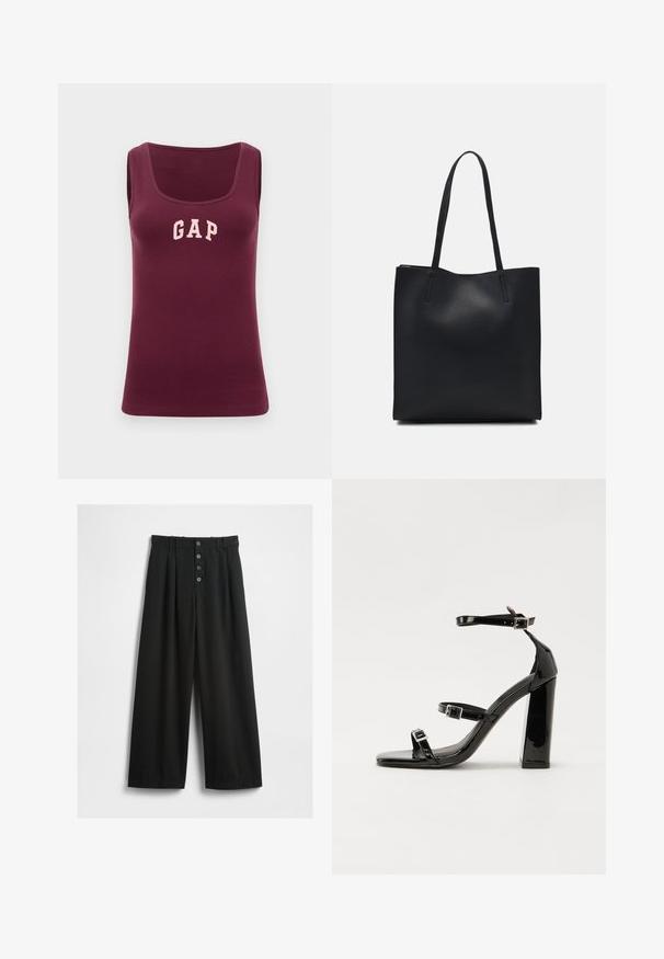 Vyno raudonos spalvos be rankovių marškinėliai, turintys prigludusią formą, su raukšlėta tekstūra ir rožiniu "GAP" logotipu priekyje, su apvaliu kaklu.; Plačios juodos kelnės, pagamintos iš tekstūruoto audinio. Su aukštu liemeniu, penkių mygtukų priekinis uždarymas ir paspaustos klostės, kad suteiktų papildomą detalę.; Juoda blizgi lakuota basutė su kvadratiniu pirštu, kulkšnies dirželiais ir sidabro sagtimis. Yra tvirta blokinė kulno konstrukcija, užtikrinanti stabilumą.; Juodas odinis tote krepšys su lygia tekstūra, stačiakampio formos ir dviem ilgais rankenomis. Matomų metalinių detalių ar puošybos nėra.