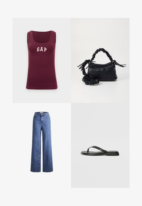 Burgundské tílko s upnutým střihem, žebrovanou texturou a růžovým logem "GAP" na přední straně, s kulatým výstřihem a bez rukávů.; Svetle modré denimové široké kalhoty s vysokým pasem, dvěma předními kapsami a viditelným švem. Obsahují knoflíkový a zipový uzávěr.; Černé žabky vyrobené z hladké kůže, s tenkým designem popruhu a plochou podrážkou s minimálním profilem. Žádné výrazné vzory ani akcenty.; Černá kabelka z umělé kůže s krokodýlím vzorem, staženým vrškem a zmačkaným popruhem. Zdá se, že má měkký a kompaktní design.