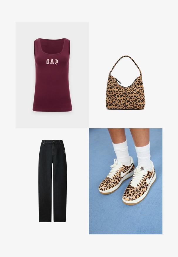 Top a canotta borgogna con un design aderente, texture a coste e un logo "GAP" rosa sulla parte frontale, caratterizzato da un collo a giro e senza maniche.; Jeans a gamba larga in denim nero con vita alta, dotati di design a cinque tasche e un piccolo dettaglio ricamato sul davanti.; Sneakers Nike Air Force 1 con stampa leopardata, con lacci e swoosh bianchi, caratterizzati da una suola in gomma beige e una parte superiore testurizzata. Calze a compressione bianche visibili.; Borsa a tracolla con stampa leopardata e manico curvo, realizzata in morbido tessuto, con chiusura a zip sulla parte superiore e dettagli neri lungo i bordi.