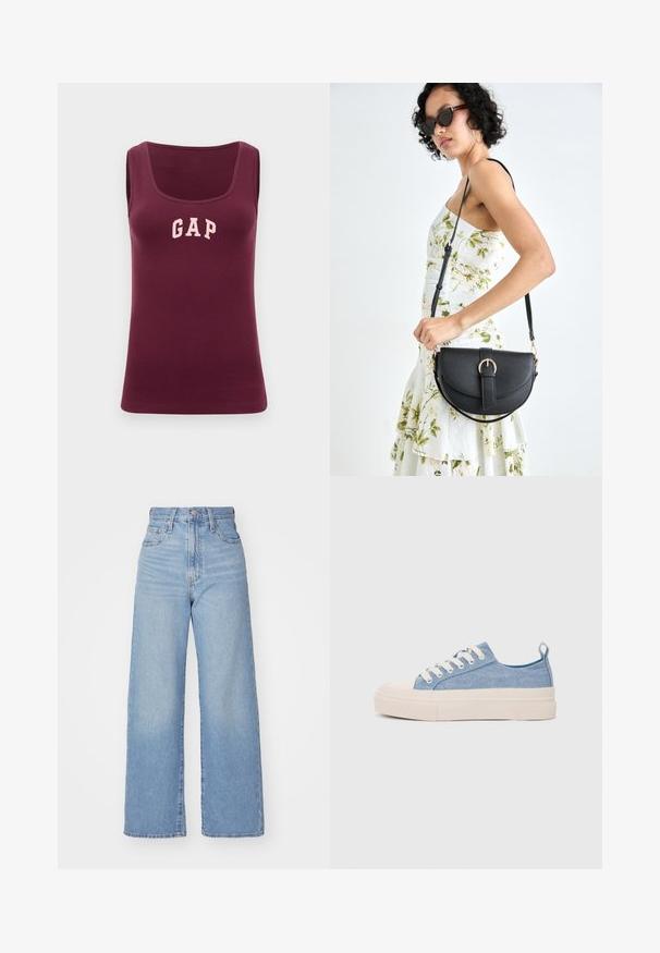 Burgundi színű ujjatlan top, amely testhez álló fazonú, bordás textúrájú, elöl rózsaszín "GAP" logóval, mély nyakkivágással.; Világoskék, magas derekú, bő szárú farmernadrág, elülső gombbal és cipzárral, elülső és hátsó zsebekkel, fehér háttérrel.; Világoskék vászon sportcipők, krémszínű gumitippel és talppal, fehér fűzőkkel és egy húzófüllel a sarkán.; Fekete bőrtáska ívelt formával, levehető pánttal és arany színű fémrészekkel. A táskán egy csattal díszített fedél található.