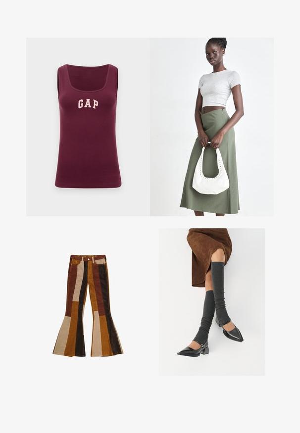 Burgundy linne med en figursydd design, ribbad textur och en rosa "GAP"-logotyp framtill, med en rundad halsringning och utan ärmar.; Kordfløyelsbyxor med utsvängd ben och vertikala ränder i brunt, tan och senapsgult. Utmärkande design med hög midja och fem fickor.; Svarta lackläderskor med spetsig tå, blockklack och ankelrem, i kombination med grå ribbade benvärmare och en brun mockakjol.; Grå ribbad crop top och olivgrön högmidjad kjol. Modellen håller en vit axelremsväska med utskärningar. Enkelt design, tight passform.