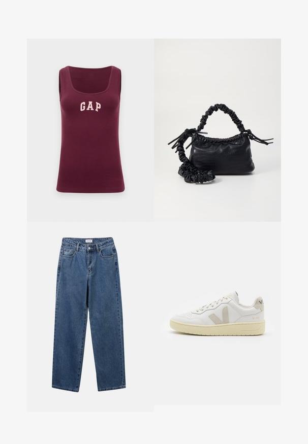 Burgunderfarbener Tank-Top mit taillierter Passform, gerippter Textur und pinkem "GAP"-Logo auf der Vorderseite, mit Rundhalsausschnitt und ohne Ärmel.; Klassische blaue Denim-Jeans mit geradem Bein, fünf Taschen und Knopfverschluss. Sie verfügen über eine mittelblau gewaschene Optik und sind aus robuster Textur.; Weiße Ledersneaker mit beigen Wildlederakzenten, perforierte Zehenbox, flache Schnürsenkel und eine strukturierte cremefarbene Sohle. Mit dezentem Branding an der Ferse.; Schwarze Handtasche aus Kunstleder mit Krokodilstruktur, gerafftem oberen Teil und einem geschoppten Tragegurt. Sie wirkt weich und kompakt im Design.
