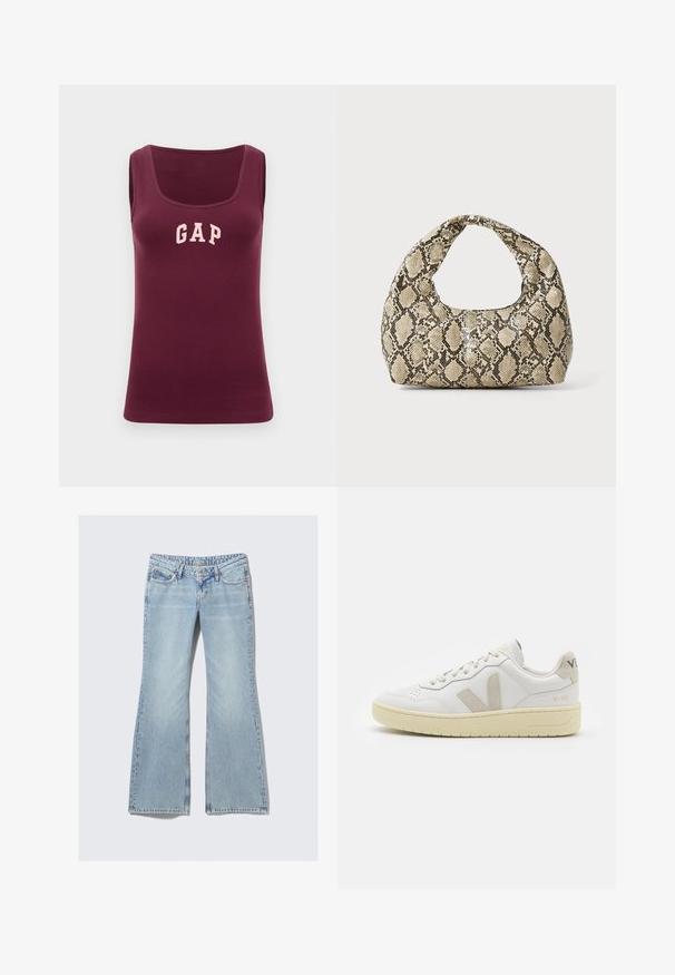 Burgundin tank top, jossa on tiukka muotoilu, ribbitekstuuri ja vaaleanpunainen "GAP"-logo etupuolella. Tank topissa on pyöreä kaula-aukkko ja se on ilman hihoja.; Weekday NOVA - Slim fit -farkut - lip blue; Valkoiset nahkakengät, joissa on vaaleanruskeat pigmenttisuojat, rei'itetty kärki, litteät nauhat ja teksturoitu kermaisa pohja. Takana on huomaamaton brändäys.; Käärmeennahkakuosiset käsilaukku, jossa on kaareva kahva. Tehty teksturoiduista beigeistä ja ruskeista materiaaleista, joissa on erottuva timanttikuvio.