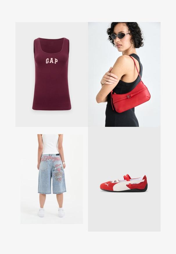 Burgunderfarbener Tank-Top mit taillierter Passform, gerippter Textur und pinkem "GAP"-Logo auf der Vorderseite, mit Rundhalsausschnitt und ohne Ärmel.; Hellblaue Jeansshorts mit lockerer Passform, ausgestattet mit bunten, gestickten Tiger-Prints und Text auf der Rückseite, abgeschlossen mit aufgerollten Säumen.; Rote und weiße Wildlederschuhe mit flachem Profil, ausgestattet mit elastischen Riemen und einer strukturierten schwarzen Gummisohle. Puma-Logo an der Seite.; Rote Ledertasche mit glatter Textur, geschwungenem Design und dekorativem Schnallenakzent. Verstellbarer Schulterriemen und Reißverschlussverschluss.