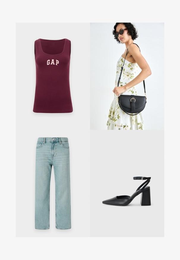 Burgunderfarbener Tank-Top mit taillierter Passform, gerippter Textur und pinkem "GAP"-Logo auf der Vorderseite, mit Rundhalsausschnitt und ohne Ärmel.; Hellblaue weit geschnittene Jeans aus Denim, mit einem klassischen Fünf-Taschen-Design, klaren Linien und einem regulären Bund mit Knopfverschluss.; Schwarze Leder-Pumps mit spitzer Zehe, einem Knöchelriemen und einem blockigen Absatz. Flache Textur, elegantes Design und minimalistische Ästhetik.; Schwarze Lederhandtasche mit geschwungener Form, abnehmbarem Tragegurt und goldenen Beschlägen. Die Tasche verfügt über einen Deckel mit einer Schnallen-Details.