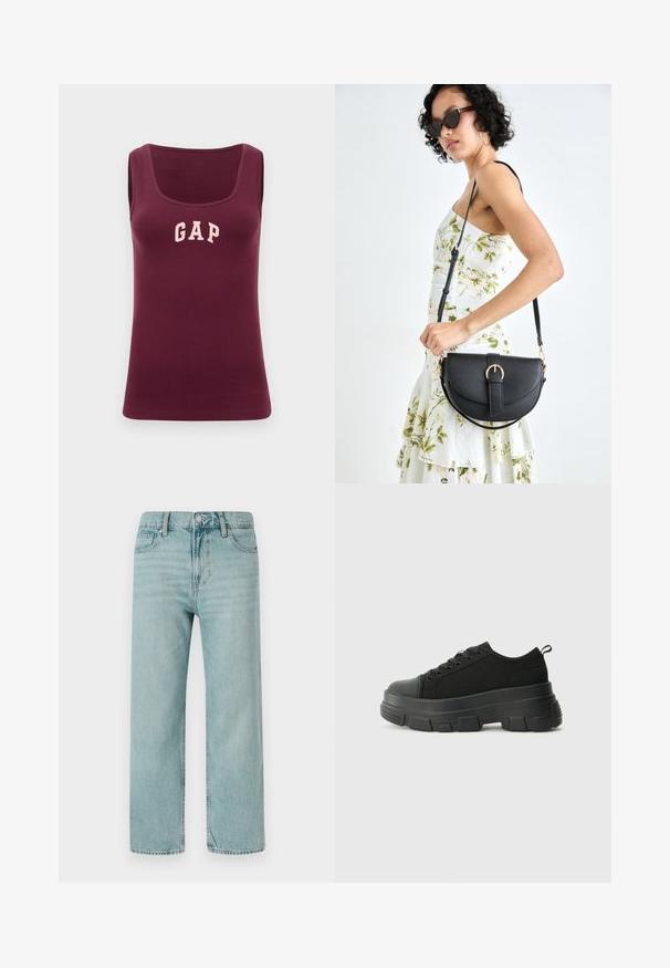 Burgundowa koszulka bez rękawów o dopasowanym kroju, z prążkowaną fakturą oraz różowym logo "GAP" z przodu, z dekoltem w serek.; Jasnoniebieskie dżinsy szerokie w nogawkach, wykonane z denimu, z klasycznym pięciopocketowym wzorem, czystymi liniami oraz standardowym pasem z zapięciem na guzik.; Czarne sneakersy z masywną gumową podeszwą, teksturowaną górną częścią, okrągłym noskiem i sznurowanym zapięciem. Posiadają wzmocnione oczka i pętelkę z tyłu.; Czarna skórzana torebka o zakrzywionym kształcie, z odpinanym paskiem i złotymi akcentami. Torebka posiada klapę z zapięciem w kształcie klamry.