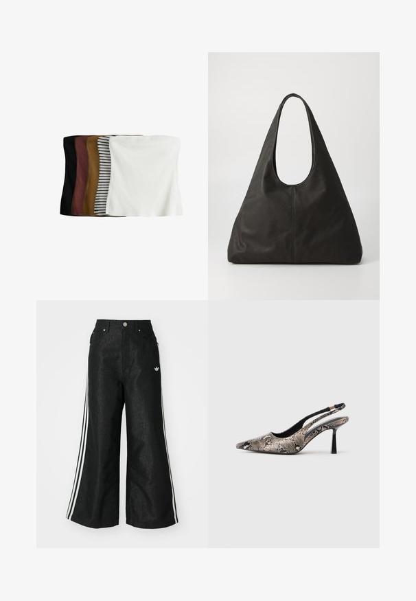 Set of five crop tops: black, dark brown, olive, beige with white stripes, and white. Made of ribbed fabric, seamless design, stretchable fit.; Black wide-leg denim pants with three white stripe accents on each side and a small white logo. Features front pockets and a button closure.; Pointed-toe slingback shoes made of textured snake print material, featuring a slender black heel and a cutout design on the sides.; Black leather tote bag with a curved handle, elongated triangular shape, and smooth texture. Features minimalist design with no visible hardware.