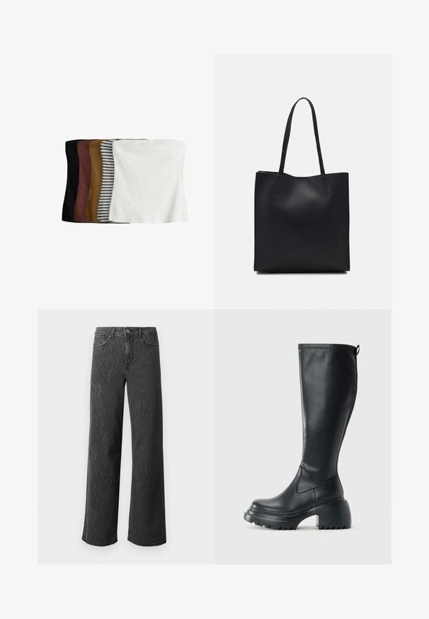 Viie crop topi komplekt: must, tumepruun, oliivroheline, beež valgete triipudega ja valge. Valmistatud ribakanga materjalist, ilma õmblusteta disain, veniv sobivus.; Laial jalgevahega teksad tumedas hallis denimis, millel on peen sablestriibuline tekstuur, kontrastne õmblemine ja viie tasku disain nupuga.; Kõrge must nahksaapad, millel on massiivne platvormi tald ja blokk-kand, varustatud tõmbenööriga ja tekstuuriga väljatõmbejääk.; Mustast nahast kott sujuva tekstuuriga, ristkülikukujuline ja kahe pika sangaga. Pole nähtavat riistvara ega kaunistusi.