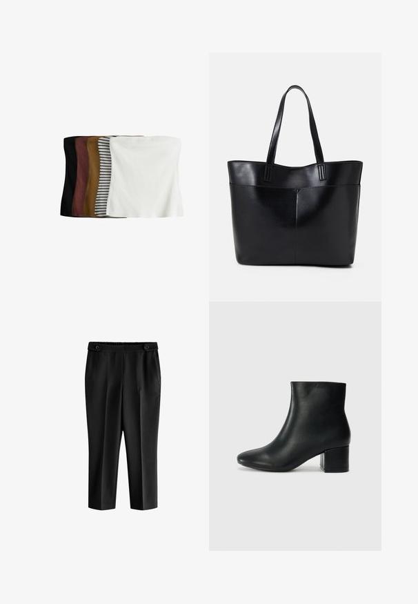Set of five crop tops: black, dark brown, olive, beige with white stripes, and white. Made of ribbed fabric, seamless design, stretchable fit.; Black cropped trousers with a relaxed fit, elastic waistband, and two front pockets. Fabric has a smooth texture with a slightly shiny finish.; Black leather ankle boots with a pointed toe and a chunky heel. Smooth texture with minimal accents and a sleek, fitted design.; Black leather tote bag with two long handles, a smooth texture, and a structured shape. Features a front pocket for additional storage.