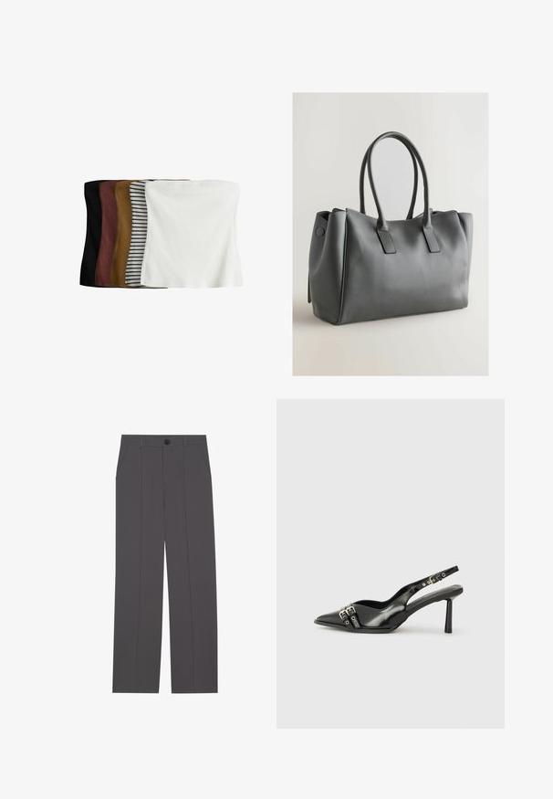 Set van vijf crop tops: zwart, donkerbruin, olijfgroen, beige met witte strepen, en wit. Gemaakt van ribbelstof, naadloos ontwerp, rekbaar pasvorm.; Grijze broek met een recht model, voorzien van twee zijzakken en een knoopsluiting. Gladde stof zonder zichtbare patronen of accenten.; Zwarte gepolijste leren slingback schoenen met een puntige neus, enkelbandjes met zilveren gespen en hardware, en een slanke hak.; Grijze leren handtas met dubbele handvatten, rechthoekige vorm, gladde textuur en minimalistisch ontwerp. Beschikt over platte zijpanelen en subtiele stiksels.