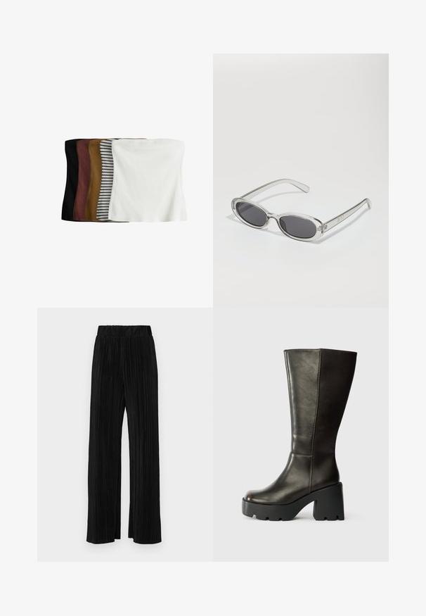 Set of five crop tops: black, dark brown, olive, beige with white stripes, and white. Made of ribbed fabric, seamless design, stretchable fit.; Black pleated trousers with an elastic waistband. Features wide legs and a smooth, textured fabric with vertical stripes.; Brown leather knee-high boot with a rounded toe, thick black platform, and block heel. Features smooth texture and minimal stitching details.; Sunglasses with an oval shape, clear plastic frame, dark gray lenses, and thin transparent arms featuring logo accents and minimal detailing.; Black leather hobo bag with a smooth texture, curved shape, and single adjustable strap; features a wide opening at the top.