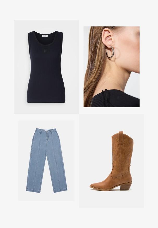 Jūras zila ribota bezpiedurkņu krekliņa ar apaļu kaklu; tam priekšā ir mazs, tonāls logo. Mīksta, elastīga auduma.; Gaiši zili, platā kāja džinsi, izgatavoti no denima. Iekļauj augsto jostasvietu, pogu aizdari un redzamu šuvumu. Priekšpusē nav redzamu kabatu.; Brūni ādas kovboju zābaks ar norādītu purngalu, izšūtām viļņveida apakšējo detaļu un sakrautajiem blokiem. Iezīmēts ar velkšanas cilpu ērtai uzvilkšanai.; Sudraba auskars ar pulētu apdari, ar maziem zelta akcentiem un apaļu formu, uz ausu ļipiņas.