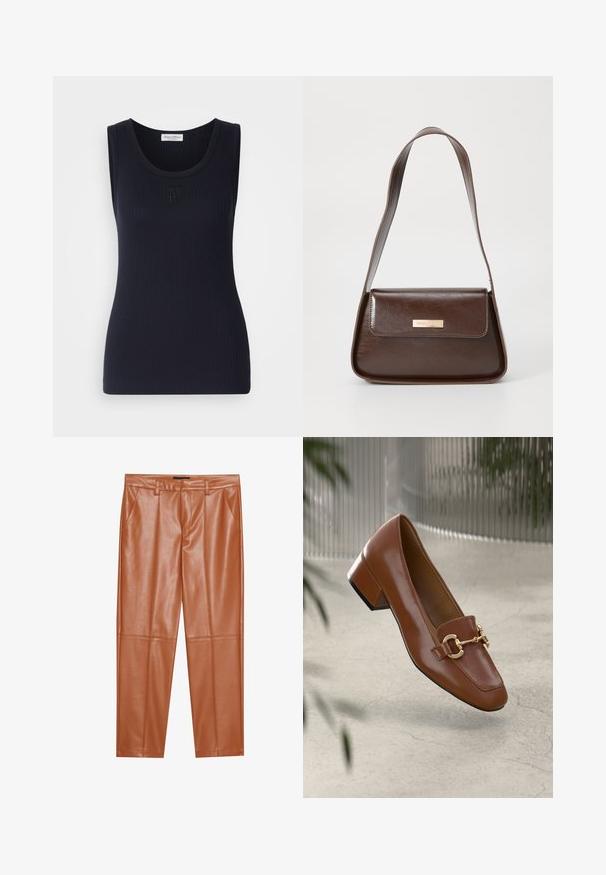 Tricou fără mâneci de culoare navy cu un guler rotund; are un mic logo tonal pe față. Material moale și elastic.; Pantaloni din piele ecologică maro, cu o croială bine definită, având pliseuri frontale și picioare drepte. Textură netedă, fără hardware sau accentuare vizibilă.; Mocasini din piele patent cafenie, cu vârf pătrat, accent cu lanț metalic și toc mic; textură netedă, design minimalist.; Geanta de umăr din piele maro, cu o formă structurată, care dispune de un închizător cu clapetă magnetică și un accent metalic cu logo pe față.