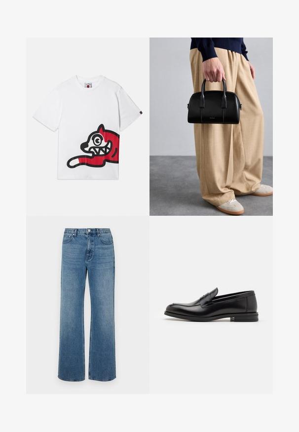 Witte katoenen t-shirt met een groot rood en zwart grafisch ontwerp van een cartoonachtige kat met overdreven ogen en tanden, gepositioneerd aan de zijkant.; Brede blauwe jeans van denim met een verouderde afwerking. Heeft vijf zakken, een sluiting met vooraan knoop en een rechte snit.; Zwarte leren instappers met een gladde textuur, ronde neus en een decoratieve band over de wreef. Lage, gestapelde hak en minimalistisch ontwerp.; Zwarte leren handtas met gestructureerd ontwerp, dubbele handgrepen, subtiele stiksels en een gouden logo. Gecombineerd met beige wijde broek.