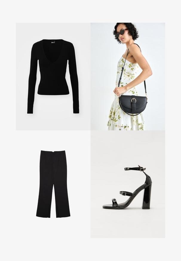 Svart långärmad topp med djup V-ringning, figurnära design, slät textur och en rundad sömdetalj vid bysten.; Svarta byxor med rak passform, utrustade med framfickor och sidoklyvningar vid fållen. Tillverkade av mjukt, slätt tyg. Lämpliga för olika tillfällen.; Svarta lackerade högklackade sandaler med två spännband, fyrkantig tå och en tjock klack, med en slät och glansig yta.; Svart läderhandväska med en böjd form, avtagbar rem och guldiga detaljer. Väskan har ett lock med en spänndetalj.