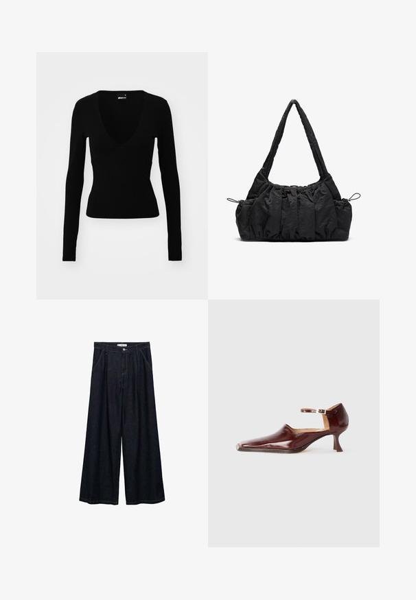 Black long-sleeve top with a deep V-neckline, fitted design, smooth texture, and a curved seam detail at the bust.; Dark denim wide-leg trousers with a high waist, featuring a front button closure, two side pockets, and stitching details.; Burgundy patent leather shoe with a pointed toe, ankle strap, and a 5 cm tapered heel. Smooth texture and minimalistic design.; Black fabric handbag with gathered texture, two shoulder straps, and drawstring closure on sides. Smooth, lightweight material.
