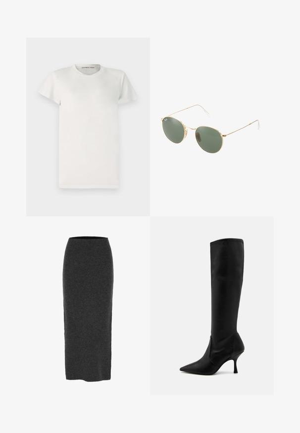T-shirt blanc à manches courtes en coton avec un col rond et une coupe simple. Les étiquettes affichent "DESIGNERS REMIX" à l'intérieur du col.; Jupe crayon en tricot de couleur gris foncé, mi-longue, avec une coupe ajustée, texture lisse et taille élastique pour le confort.; Stuart Weitzman Bottes - black; Lunettes de soleil avec monture en métal doré, verres verts, forme ronde, branches fines et accents en plastique blanc aux extrémités des branches.