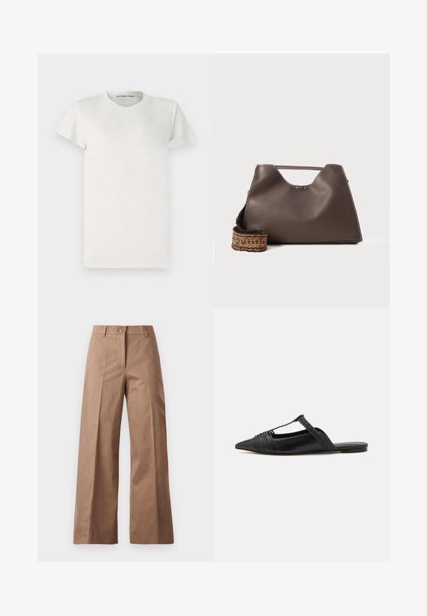 Fehér, rövid ujjú póló, pamutból készült, kerek nyakkivágással és egyszerű szabással. A címkék a nyakán belül "DESIGNERS REMIX" felirattal találhatók.; Barna, bőszárú nadrág sima anyagból, elülső gombos zárással, két elülső zsebbel és tiszta, szabott vonalakkal.; Fekete bőr slingback cipő hegyes orral, szőtt díszítéssel és redőzött felső dizájnnal. Lapos talp minimális hardverrel.; Barna bőr kézi táska texturált felülettel, szögletes dizájnnal és jellegzetes felső fogantyúval. Mintás szőtt vállpánttal rendelkezik.