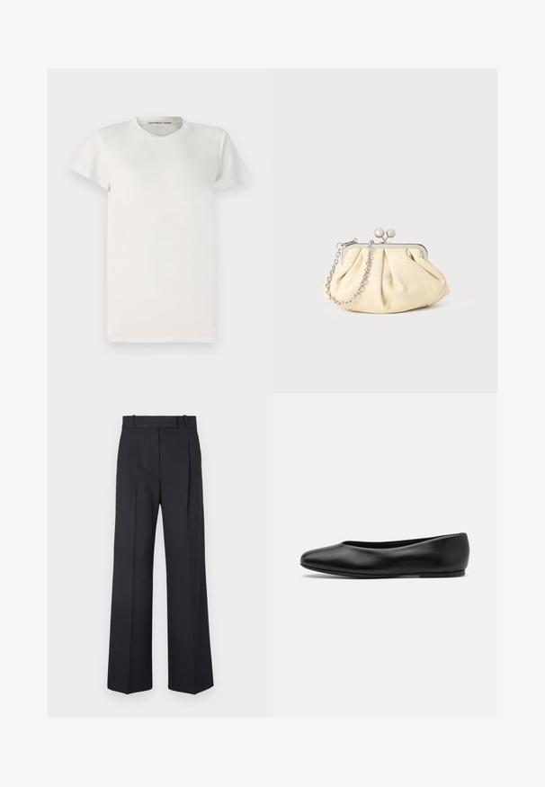 Weißes T-Shirt mit kurzen Ärmeln aus Baumwolle, runder Ausschnitt und einfacher Schnittführung. Die Etiketten zeigen "DESIGNERS REMIX" auf der Innenseite des Kragens.; Dunkelblaue Nadelstreifenhosen mit hoher Taille, weit geschnittenem Bein und ohne sichtbare Beschläge oder Verzierungen. Glatte Textur und taillierte Passform.; Paul Smith TOPANGA - Klassischer Ballerina - black; Faltige beigefarbene Ledertasche mit einem silbernen Metallrahmen, ausgestattet mit zwei runden dekorativen Verschlüssen und einem silbernen Kettenriemen.