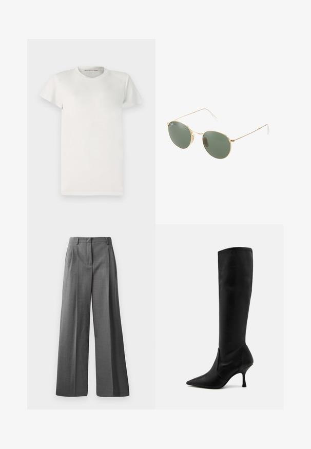 White short-sleeve t-shirt made of cotton with a round neckline and simple cut. Tags display "DESIGNERS REMIX" inside the collar.; Gray, wide-leg trousers made from textured fabric with a subtle pattern. Features front pleats and a waistband with belt loops.; Stuart Weitzman Boots - black; Gold metal frame sunglasses with green lenses, round shape, thin temples, and white plastic accents on the tips of the arms.; Black canvas tote bag with black leather handles. Simple design, spacious body, and a smooth texture. No visible logos or patterns.