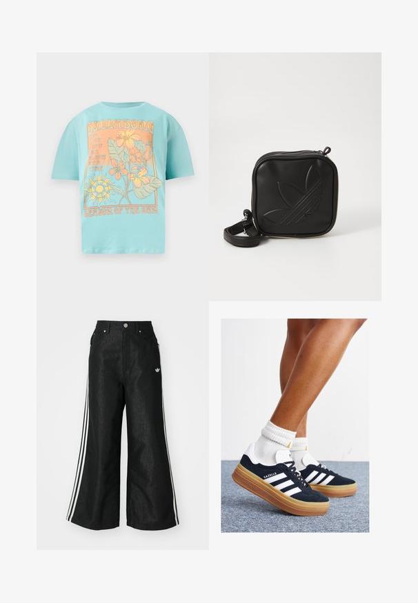 Turquoise katoenen t-shirt met een losse fit, met een bloemen- en zonafbeelding in oranje en roomkleur, met het label "Seizoen van de Zon."; Zwarte denim broek met wijde pijpen, voorzien van drie witte strepen aan elke zijkant en een klein wit logo. Heeft voorzakken en een knoopsluiting.; Zwarte suède sneakers met witte strepen en accenten, ronde neus, gum rubberen buitenzool, gecombineerd met witte geribbelde crewkousen.; Zwarte vierkante crossbody tas van gestructureerd synthetisch materiaal. Met een reliëflogo ontwerp en een verstelbare schouderband. Ritssluiting.