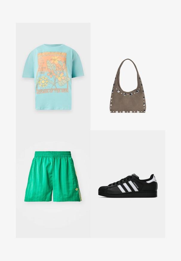 Turquoise katoenen t-shirt met een losse fit, met een bloemen- en zonafbeelding in oranje en roomkleur, met het label "Seizoen van de Zon."; Groene sportshorts met witte verticale strepen, elastische tailleband en gele zijkanten. Bevat een klein gouden logo aan de onderzijde links.; Zwarte Adidas Superstar sneaker met witte strepen, schelpneus en 'Superstar' tekst aan de zijkant, afgebeeld in zijaanzicht op een witte achtergrond.; PULL&BEAR SHOPPER - Shopper - grey
