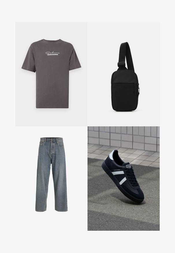 Graues Baumwoll-T-Shirt mit kurzen Ärmeln. Weißer Text "Sakura Blossom" in einer kursiven Schrift über der Brust. Legere Passform, minimalistisches Design.; Hellblaue, weit geschnittene Jeans aus Denim mit hoher Taille, Fünf-Taschen-Design und sichtbaren Nähten. Weiche Textur mit leicht gefärbtem Erscheinungsbild.; Schwarze Leder-Sneaker mit weißen Streifen, strukturiertem Gummisohle und Schnürung. Verfügt über ein Markenetikett auf der Zunge.; Schwarze Umhängetasche aus robustem Gewebe, mit einem verstellbaren Tragegurt, einem Reißverschluss-Hauptfach und einer Fronttasche.