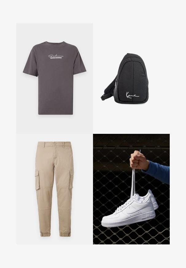 Šedé bavlněné tričko, krátké rukávy, kulatý výstřih, s bílým potištěným textem "Sakura Blossom" ve spojitém a blokovém písmu vepředu.; Béžové cargo kalhoty z lehkého bavlněného materiálu. Mají elastické manžety, více bočních kapes a zapínání na knoflík.; Bílé kožené tenisky s perforacemi, kulatou špičkou, plochou podrážkou a silnými tkaničkami, které mají viditelné logo swoosh a nápis "AIR" na patě.; Černý textilní batoh s popruhem přes rameno, hladkým povrchem, zakřiveným designem, zipovou přihrádkou a bílým logem na přední straně.
