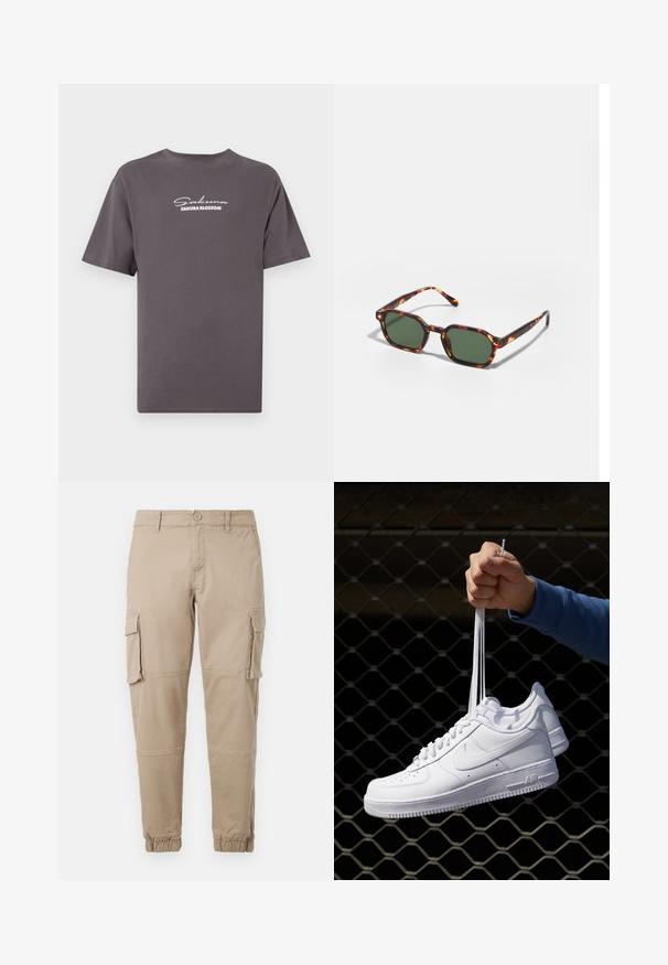 Siva bomba majica iz bombaža, kratki rukavi, okrugli izrez, s bijelim tiskanim tekstom "Sakura Blossom" u kurzivnom i blokovnom pismu na prednjoj strani.; Bežne cargo hlače iz lahkega bombažnega materiala. Imajo elastične manšete, več stranskih žepov in gumbasto zapiranje.; Bela usnjena športna obutev s perforacijami, okroglo konico, ravnim podplatom in debelimi vezalkami, z vidnim logotipom smoosh in napisom "AIR" na peti.; Očalna okvir iz želvje školjke z zelenimi lečami, ki ima osemkotno obliko in tanke, zakrivljene ročke. Material ima sijajno površino.