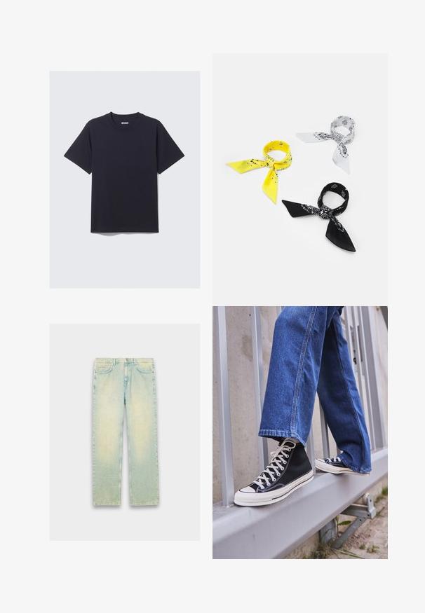Svart bomullströja med rund hals, korta ärmar och en avslappnad passform. Har en enkel design utan mönster eller synlig hårdvara.; Ljust blå denimjeans med lös passform, med fem fickor, dragkedjegylf och en blekt finish över låren och knäna.; Svarta högskurna sneakers med vit sula och snören, tillsammans med lösa blå jeans, vilande på ett grått räcke.; Tre bandanas: en gul med svarta mönster, en vit med svarta design och en svart med vita grafik. Alla är fyrkantiga och tillverkade av lätt tyg.