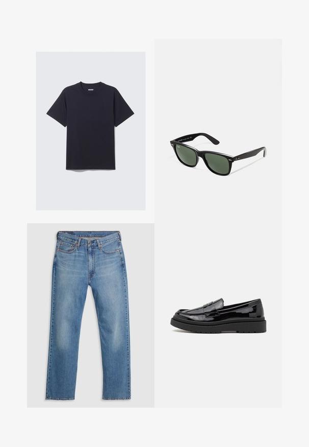 Melna kokvilnas T-krekls ar apaļu kaklu, īsām piedurknēm un brīvu piegriezumu. Iezīmē vienkāršu dizainu bez rakstiem vai redzamiem aksesuāriem.; Zilā taisno kāju džinsu bikses ar priekšējo pogu un rāvējslēdzēju, jostas cilpām un piecu kabatu dizainu uz baltā fona.; Melnas lakota ādas loafers ar noapaļotu purngalu, dekoratīvu siksniņu un biezu melnu gumijas zoli. Gluda spīdīga tekstūra ar minimālu šuvumu.; Melnas plastmasas saulesbrilles ar zaļiem lēciem, kvadrātveida rāmjiem, sudrabainu akcentu uz uzacīm un teksturētām tempļu kājām. Zīmols norādīts uz iekšējās kājas.