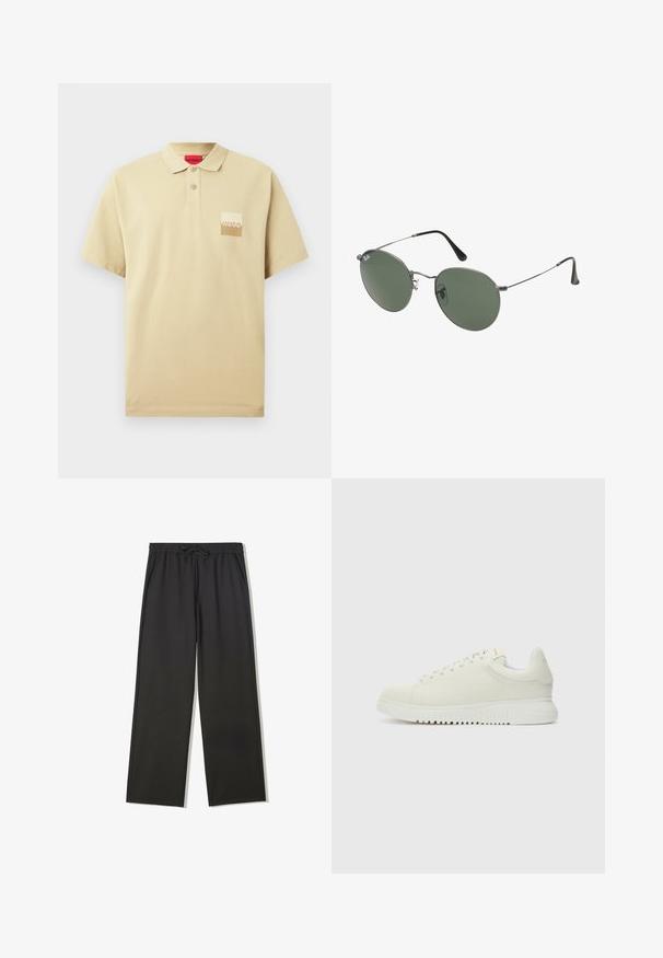 Beige poloshirt van katoen, met een drieknops sluiting, korte mouwen en een logo patch in crème en bruin op de linkerkant van de borst.; Zwarte broek met elastische taille, trekkoord en zijzakken, voorzien van een losse pasvorm en rechte pijpen.; Witte leren sneaker met een textuur bovenkant, ronde neus, vlakke witte zool en tonale veters. Subtiele branding op de tong.; Metalen zonnebril met ovale groene lenzen. Dunne zilveren metalen rand en zwarte oorstoppers. Minimalistisch ontwerp, zonder zichtbare logo's.