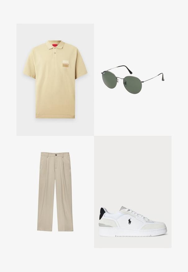 Beige pikétröja i bomull med treknappsknäppning, korta ärmar och en logotypapplikation i krämfärg och brunt på vänster bröst.; Beiga byxor med rak passform, utrustade med en enda svart knapp, bältesöglor och sidofickor. Slät tygkänsla och minimalistisk design.; Vit sneaker med överdel i mocka och läder, svart hälaccent, platta snören, logotyp på sidan och texturerad sula.; Metallinramade solglasögon med ovala gröna linser. Tunn silvermetallram och svarta öronpluggar. Minimalistisk design, inga synliga logotyper.