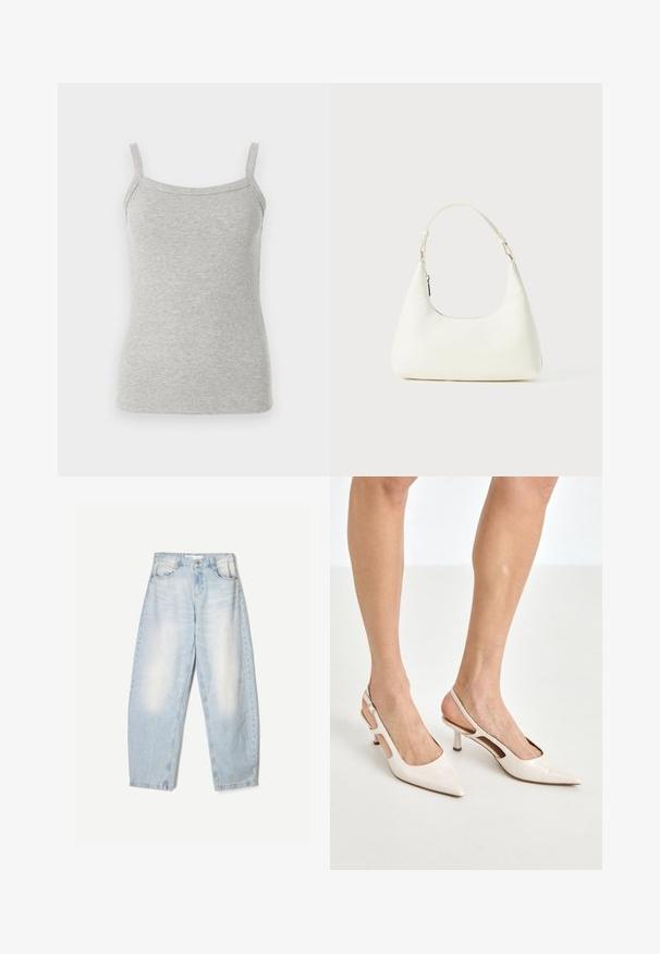 Graues gestreiftes Trägertop mit dünnen Trägern, das ein figurschmeichelndes Design und eine weiche Textur bietet. Ideal zum Layern oder für die Freizeit.; Weißes Hemd mit klassischem Kragen, langen Ärmeln und lockerer Passform. Hergestellt aus leichtem Stoff mit glatter Textur.; Hellblaue Jeans aus Denim mit lockerer Passform, im ausgewaschenen Finish, zwei Fronttaschen und einem Knopfverschluss am Bund.; Beige Lackleder Slingback-Absätze mit spitzem Fuß und 5 cm Absatz, mit ausgeschnittenen Seiten und einem schmalen Knöchelriemen.; Kleine weiße Schultertasche mit einem verstellbaren Tragegurt und einem Reißverschluss, vor einem schlichten weißen Hintergrund.