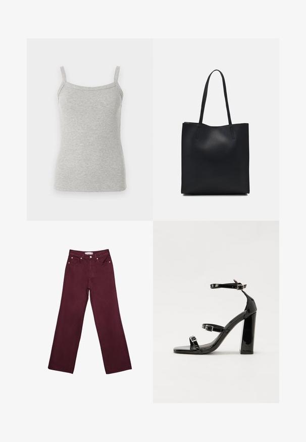 Harmaa ribattu hihaton paita ohuilla olkaimilla, jossa on istuva muotoilu ja pehmeä tekstuuri, sopii kerrostamiseen tai arkikäyttöön.; Burgundy korkeavyötäröiset farkut suoranlahkeisella designilla, joissa on etutaskut, nappisuljenta ja kuparinvärisiä varusteita.; Musta kiiltävä korkokenkä sandaalit neliönmuotoisella varpaalla, nilkkaremmillä ja hopeisilla soljilla. Varustettu tukevalla lohkokorkealla vakauden takaamiseksi.; Mustapahkainen kangaskassi, jossa on sileä pinta, suorakaiteen muotoinen ja kaksi pitkää kahvaa. Ei näkyvää metalliosaa tai koristeita.