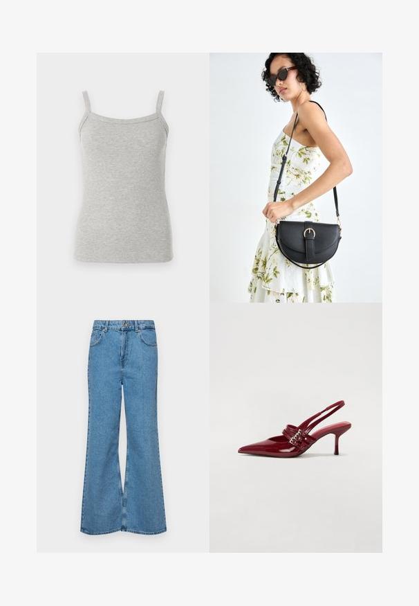 Camiseta de tirantes finos de rayas grises, con un diseño ajustado y textura suave, ideal para llevar en capas o para uso casual.; Jeans acampanados de color azul claro hechos de denim, con una cintura alta, cinco bolsillos y un cierre de botón. Textura suave con acabado desgastado.; Zapatos de tacón tipo slingback en charol rojo con punta afilada, dos correas con hebilla y un tacón de stiletto delgado y de altura media. Textura suave.; Bolso de piel negra con forma curva, correa desmontable y herrajes dorados. El bolso cuenta con una solapa con un detalle de hebilla.