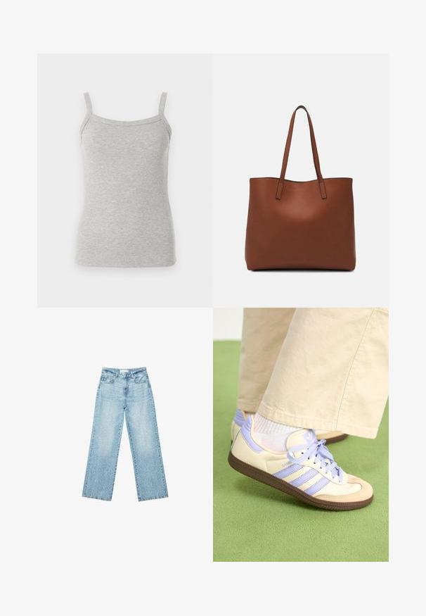 Gray ribbed tank top with thin straps, featuring a fitted design and soft texture, suitable for layering or casual wear.; Light blue denim wide-leg jeans with a high waist, featuring a faded wash and small, scattered distressed details throughout.; Cream and lavender sneakers with three stripes and a textured brown sole, featuring laces and a padded heel. Soft fabric upper.; Brown leather tote bag with a smooth texture, open top design, and two shoulder straps. Features minimal stitching and no visible hardware.