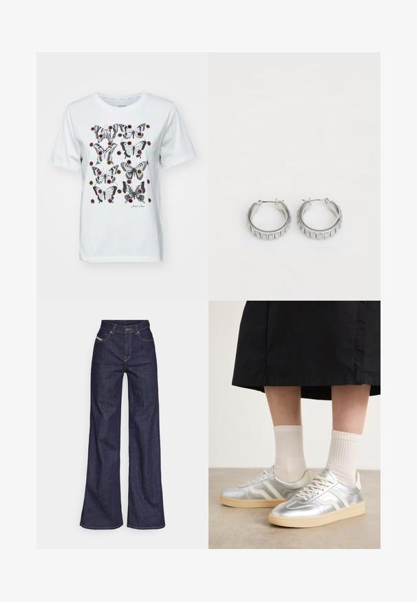 White cotton t-shirt featuring a print of black and colored butterflies with circular accents. Short sleeves and crew neck design.; Dark blue wide-leg jeans in denim fabric with a high waist, featuring orange stitching, five-pocket design, and a button closure.; Silver synthetic sneakers with white stripes, cream sole, and textured surface; paired with light ribbed socks and a black skirt.; Silver hoop earrings with a textured design featuring vertical ridges. Circular shape with a secure latch closure. Smooth finish.