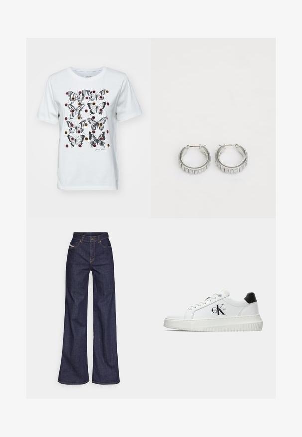 White cotton t-shirt featuring a print of black and colored butterflies with circular accents. Short sleeves and crew neck design.; Dark blue wide-leg jeans in denim fabric with a high waist, featuring orange stitching, five-pocket design, and a button closure.; White low-top sneaker with black heel tab, platform sole, laces, and Calvin Klein "CK" logo on the side.; Silver hoop earrings with a textured design featuring vertical ridges. Circular shape with a secure latch closure. Smooth finish.