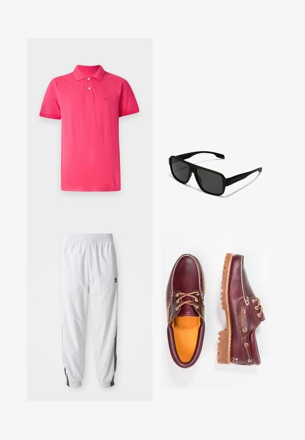 Polo shirt rose vif en coton, avec un col classique, une patte de boutonnage à trois boutons et le logo 'GAP' brodé sur la poitrine.; Pantalon de sport blanc avec des bandes noires sur les côtés, taille élastique et bords-côtes ; présente le logo Adidas sur la cuisse gauche. Texture de tissu lisse.; Chaussures en cuir bourgogne avec semelles en caoutchouc marron, bout rond, couture blanche et œillets dorés. L'intérieur présente une doublure jaune.; Hawkers PARLAY - Lunettes de soleil - black