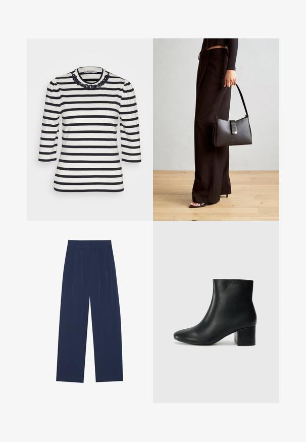 Koszula w paski w poziome czarno-białe paski, z rękawami trzyczwartowymi, wysokim kołnierzem oraz ozdobnym czarnym łańcuszkiem wokół kołnierza.; Granatowe spodnie o szerokich nogawkach, wykonane z miękkiego materiału, z przodem w kant, gładką fakturą i prostym krojem bez widocznych kieszeni.; Czarne skórzane botki za kostkę z ostrym noskiem i masywnym obcasem. Gładka tekstura z minimalnymi akcentami i elegancki, dopasowany fason.; Czarna torebka o usztywnionym kształcie, gładkiej fakturze i metalowym zapięciem. Połączona z szerokimi czarnymi spodniami i sandałami na otwartym palcu na drewnianej podłodze.