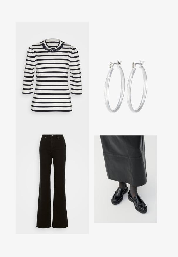 Juostuota palaidinė su horizontalinėmis juodomis ir bal tomis juostelėmis, trijų ketvirčių rankovėmis, aukštu kaklu ir dekoratyvine juoda grandinėlės detale aplink apykaklę.; Juodos džinsinės kelnės su aukštu liemeniu, platėjančios, turinčios mygtuko užsegimą, šonines kišenes ir lygų paviršių.; Juodos odinės loafer bateliai su glotniu paviršiumi, dekoratyvine juostele, apvalia nosimi ir tekstūruotu padu. Dėvimi su ilga juoda odine sijonu.; Sidabriniai auskarai su sklandžiu, poliruotu paviršiumi. Apvalios formos ir saugus uždarymo mechanizmas. Lengvas dizainas, tinkantis kasdieniam dėvėjimui.