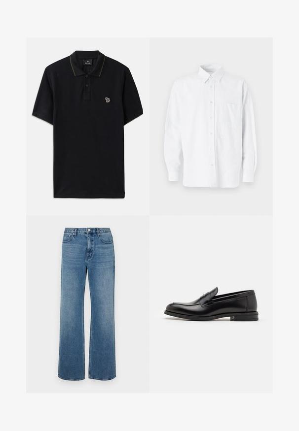 Černé polo triko vyrobené z bavlny s zeleným lemem na límečku. Na levé straně hrudi se nachází malá výšivka barevného slona.; Bílá košile s límečkem, s jemnými vertikálními pruhy, dlouhými rukávy, náprsní kapsou a klasickým zaobleným lemem.; Široké modré džíny vyrobené z denimu s vybledlým povrchem. Mají pět kapes, přední zapínání na knoflík a rovný střih.; Černé kožené polobotky s hladkou texturou, zaoblenou špičkou a zdobným páskem přes nárt. Nízký stohovaný podpatek, minimalistický design.