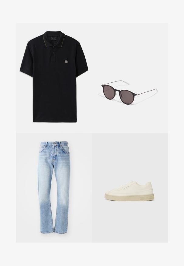 Czarna koszulka polo wykonana z bawełny z zielonym wykończeniem kołnierzyka. Posiada mały, wielokolorowy haft słonia po lewej stronie na piersi.; Jasnoniebieskie dżinsy o prostym kroju nogawki. Charakteryzują się pięcioma kieszeniami, zapinaniem na guzik i wyblakłym wykończeniem w dolnej części.; Białe płócienne trampki z teksturowaną gumową podeszwą, z haftowanym noskiem i akcentem logo na pięcie. Prosty design na sznurówki.; Czarne okrągłe okulary przeciwsłoneczne z ciemnymi soczewkami i smukłymi metalowymi ramkami. Zawierają przezroczyste końcówki zauszników oraz srebrne akcenty przy zawiasie. Minimalistyczny design.